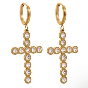Anthropologie Cross Gold Stainless Steel Crystal Waterproof Earrings